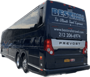 Rear View Of A Best Trails & Travel Prevost Charter Bus Displaying Company Branding, Website Url, And Contact Number
